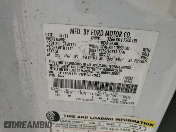 2011 Ford F-150 XL with VIN 1FTFW1EF7BFC37502, listed as a Copart auction lot 64830405 with 300,481 mi miles and Clean title. Bid and sale history available at DreamBid. Image 12.