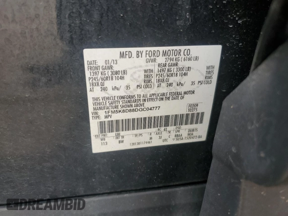 2013 Ford Explorer XLT with VIN 1FM5K8D88DGC04777, listed as a Copart auction lot 53450265 with 95,537 mi miles and Salvage Title. Bid and sale history available at carsss.com. Image 13.