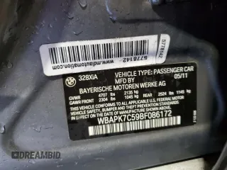 2011 BMW 3 Series 328i xDrive with VIN WBAPK7C59BF086172, listed as a Copart auction lot 49834675 with 182,547 mi miles and Salvage Title. Bid and sale history available at carsss.com. Image 12.
