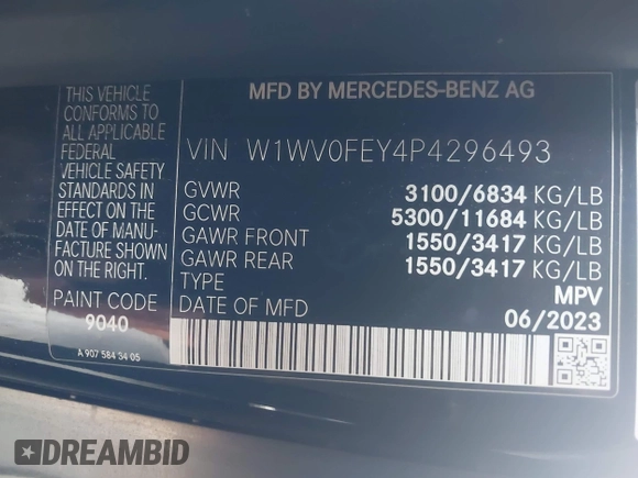 2023 Mercedes-Benz Metris with VIN W1WV0FEY4P4296493, listed as a IAAI auction lot 41456495 with 18,007 mi miles and . Bid and sale history available at DreamBid. Image 9.