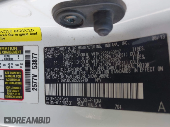 2013 Toyota Sienna L with VIN 5TDZK3DC2DS399410, listed as a IAAI auction lot 41741232 with 158,280 mi miles. Bid and sale history available at carsss.com. Image 9.