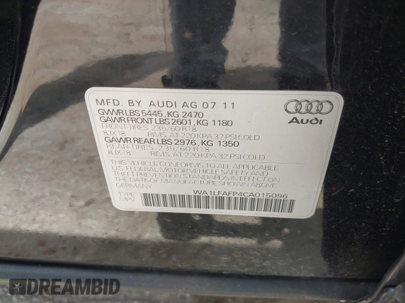 2012 Audi Q5 Premium Plus with VIN WA1LFAFP4CA015096, listed as a IAAI auction lot 42233588 with 160,615 mi miles and . Bid and sale history available at DreamBid. Image 9.