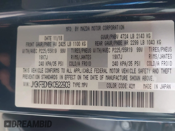 2019 Mazda CX-5 Grand Touring with VIN JM3KFBDM6K0522903, listed as a IAAI auction lot 42583005 with 61,174 mi miles and . Bid and sale history available at DreamBid. Image 9.