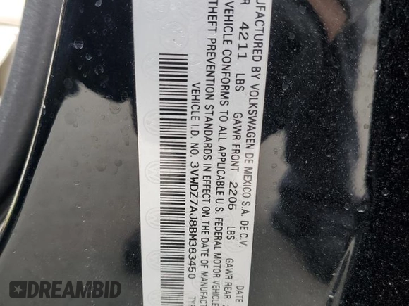 2011 Volkswagen Jetta SE with VIN 3VWDZ7AJ8BM383450, listed as a Copart auction lot 80899484 with 191,498 mi miles and Salvage title. Bid and sale history available at DreamBid. Image 12.