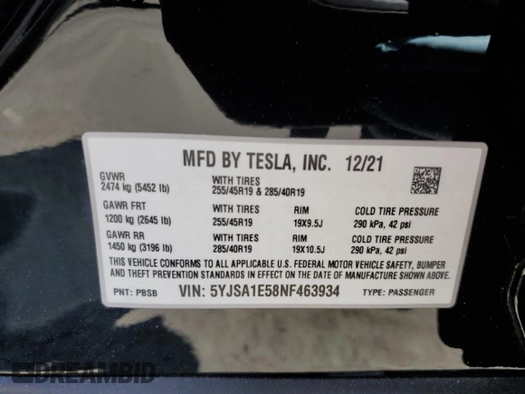 2022 Tesla Model S with VIN 5YJSA1E58NF463934, listed as a Copart auction lot 52435155 with 18,954 mi miles and Salvage Title. Bid and sale history available at DreamBid. Image 14.