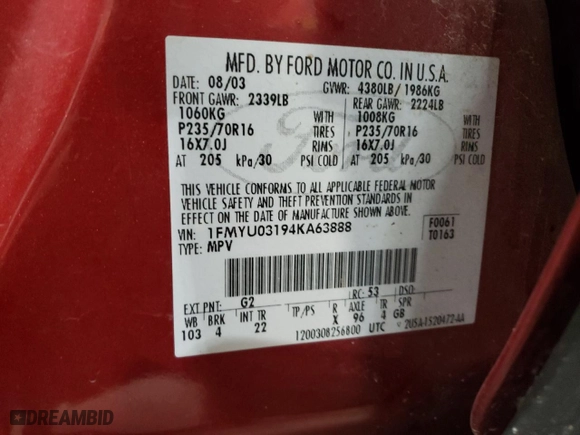 2004 Ford Escape XLT with VIN 1FMYU03194KA63888, listed as a Copart auction lot 89281085 with 218,790 mi miles and Salvage Title. Bid and sale history available at carsss.com. Image 14.