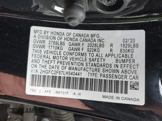 2020 Honda Civic Sedan LX with VIN 2HGFC2F67LH540441, listed as a IAAI auction lot 42026015 with 39,981 mi miles. Bid and sale history available at carsss.com. Image 9.