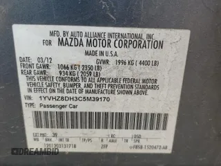 2012 Mazda 6 i Touring with VIN 1YVHZ8DH3C5M39170, listed as a Copart auction lot 49657525 with 268,310 mi miles and Salvage Title. Bid and sale history available at DreamBid. Image 14.