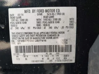 2014 Ford Explorer XLT with VIN 1FM5K7D99EGB77416, listed as a IAAI auction lot 41667347 with 148,242 mi miles. Bid and sale history available at carsss.com. Image 9.