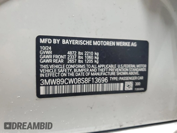 2025 BMW 3 Series 330i xDrive z VIN 3MW89CW08S8F13696, wystawiony jako Copart lot #51581325 z przebiegiem 5 903 mil mil oraz Szkoda całkowita • Salvage title. Historia ofert i sprzedaży dostępna na DreamBid. Obrazek 14.