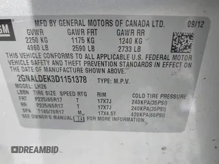 2013 Chevrolet Equinox LT with VIN 2GNALDEK3D1151378, listed as a IAAI auction lot 42169275 with 91,938 mi miles and . Bid and sale history available at carsss.com. Image 9.