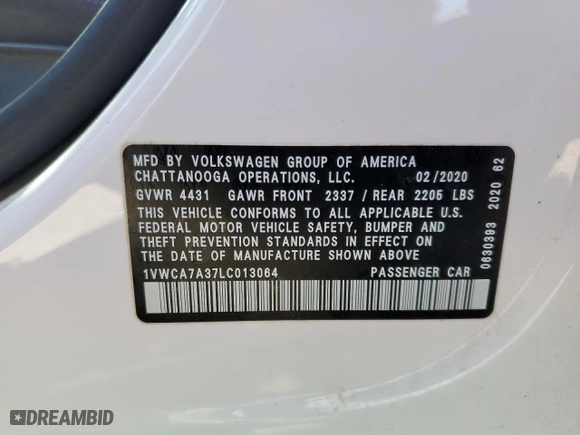 2020 Volkswagen Passat 2.0T SEL with VIN 1VWCA7A37LC013064, listed as a Copart auction lot 47346795 with 0 mi miles and Salvage Title. Bid and sale history available at carsss.com. Image 13.