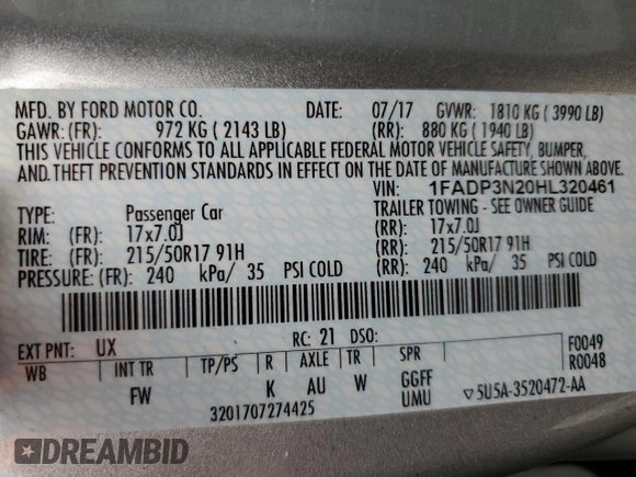 2017 Ford Focus Titanium with VIN 1FADP3N20HL320461, listed as a Copart auction lot 60292955 with 76,319 mi miles and Clean title. Bid and sale history available at DreamBid. Image 12.