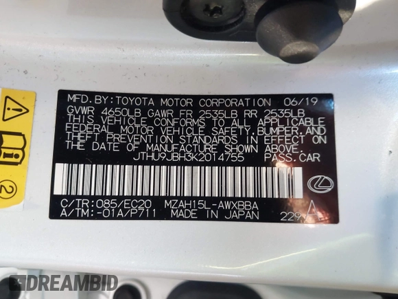 2019 Lexus UX with VIN JTHU9JBH3K2014755, listed as a IAAI auction lot 41320738 with 47,867 mi miles. Bid and sale history available at carsss.com. Image 9.