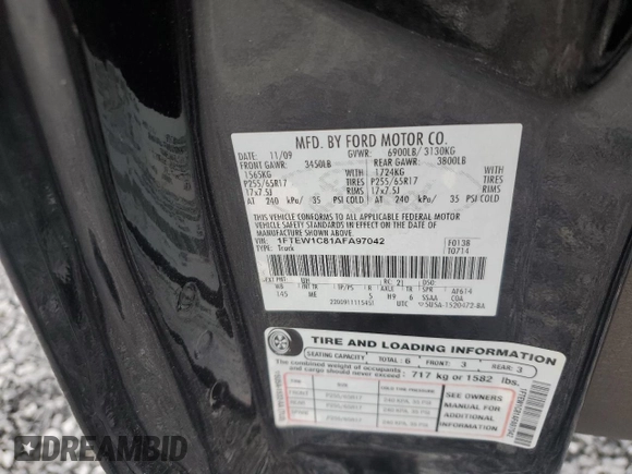 2010 Ford F-150 XL with VIN 1FTEW1C81AFA97042, listed as a Copart auction lot 56386715 with 403,734 mi miles and Salvage title. Bid and sale history available at DreamBid. Image 12.