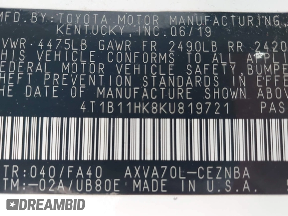2019 Toyota Camry LE z VIN 4T1B11HK8KU819721, wystawiony jako IAAI lot #42127411 z przebiegiem 101 333 mil mil oraz . Historia ofert i sprzedaży dostępna na DreamBid. Obrazek 9.