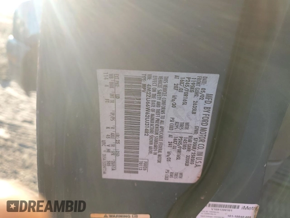 2002 Mercury Mountaineer Convenience с VIN 4M2ZU66W62UJ31482, выставлен на аукционе Copart как лот 85650114 с пробегом Не указан миль и Списание • Salvage title. История ставок и продаж доступна на DreamBid. Изображение 13.