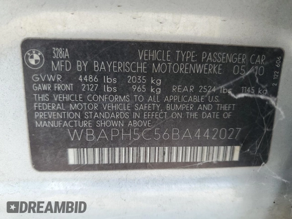 2011 BMW 3 Series 328i with VIN WBAPH5C56BA442027, listed as a Copart auction lot 62583355 with 154,066 mi miles and Salvage title. Bid and sale history available at DreamBid. Image 13.