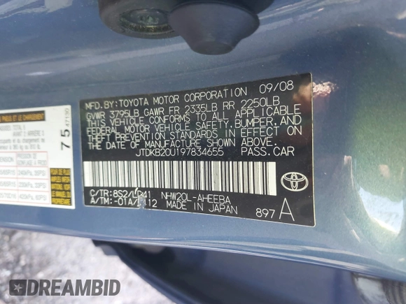 2009 Toyota Prius with VIN JTDKB20U197834655, listed as a IAAI auction lot 41004556 with 274,527 mi miles. Bid and sale history available at carsss.com. Image 9.