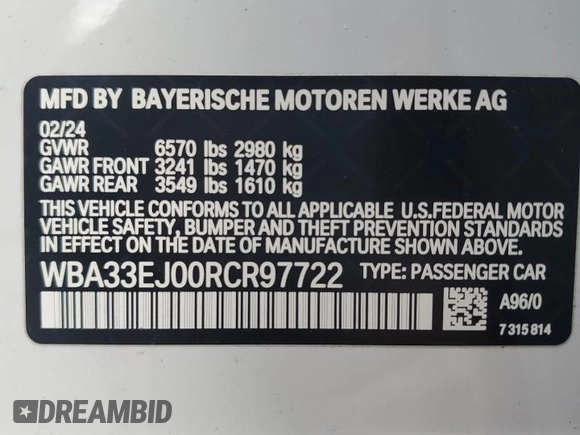 2024 BMW 7 Series 760i xDrive z VIN WBA33EJ00RCR97722, wystawiony jako Copart lot #47342765 z przebiegiem 3 921 mil mil oraz Szkoda całkowita • Salvage title. Historia ofert i sprzedaży dostępna na DreamBid. Obrazek 12.