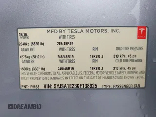 2016 Tesla Model S 90D with VIN 5YJSA1E23GF138925, listed as a IAAI auction lot 42408676 with 48,399 mi miles and . Bid and sale history available at DreamBid. Image 9.