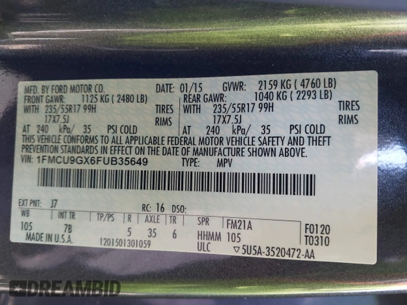 2015 Ford Escape SE with VIN 1FMCU9GX6FUB35649, listed as a IAAI auction lot 42055398 with 128,524 mi miles. Bid and sale history available at carsss.com. Image 9.
