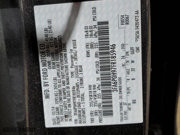 2015 Ford Fusion SE with VIN 3FA6P0H97FR185946, listed as a Copart auction lot 50229975 with 103,840 mi miles and Salvage Title. Bid and sale history available at carsss.com. Image 12.