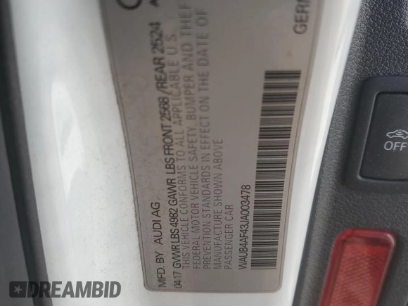 2018 Audi S4 Premium Plus with VIN WAUB4AF43JA003478, listed as a Copart auction lot 47081215 with 97,548 mi miles and Non Repairable. Bid and sale history available at carsss.com. Image 12.