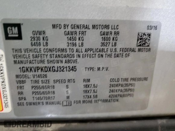 2016 GMC Acadia SLE with VIN 1GKKVPKDXGJ321345, listed as a Copart auction lot 50161565 with 131,215 mi miles and Salvage Title. Bid and sale history available at carsss.com. Image 14.