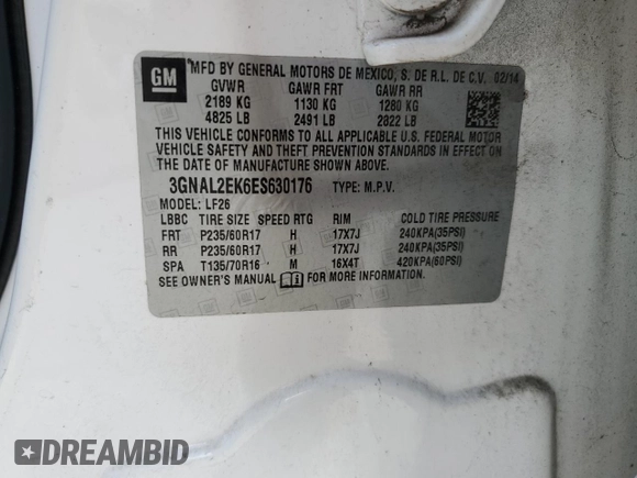 2014 Chevrolet Captiva Sport LS with VIN 3GNAL2EK6ES630176, listed as a Copart auction lot 73801784 with 99,567 mi miles and Salvage Title. Bid and sale history available at DreamBid. Image 14.