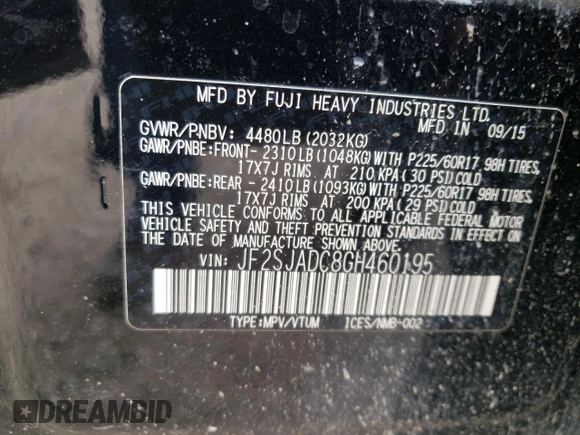 2016 Subaru Forester 2.5i Premium with VIN JF2SJADC8GH460195, listed as a Copart auction lot 57060684 with 117,633 mi miles and Salvage Title. Bid and sale history available at carsss.com. Image 13.