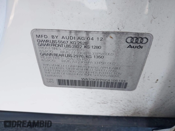 2012 Audi Q5 Premium Plus z VIN WA1DKBFP6CA108143, wystawiony jako IAAI lot #42224140 z przebiegiem 112 557 mil mil oraz . Historia ofert i sprzedaży dostępna na DreamBid. Obrazek 9.
