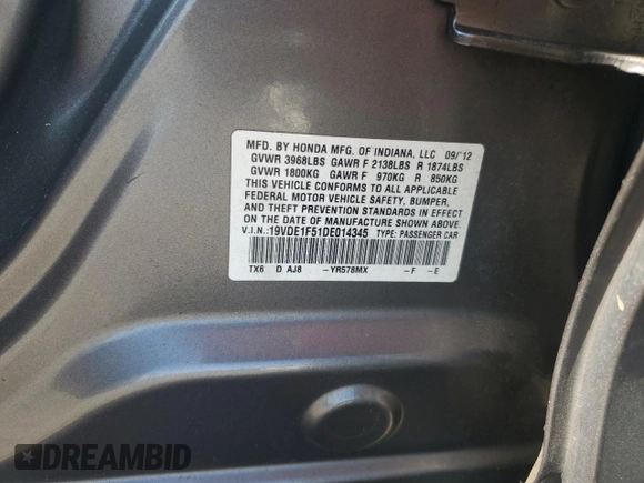 2013 Acura ILX Premium with VIN 19VDE1F51DE014345, listed as a Copart auction lot 64445175 with 142,142 mi miles and Salvage title. Bid and sale history available at DreamBid. Image 13.