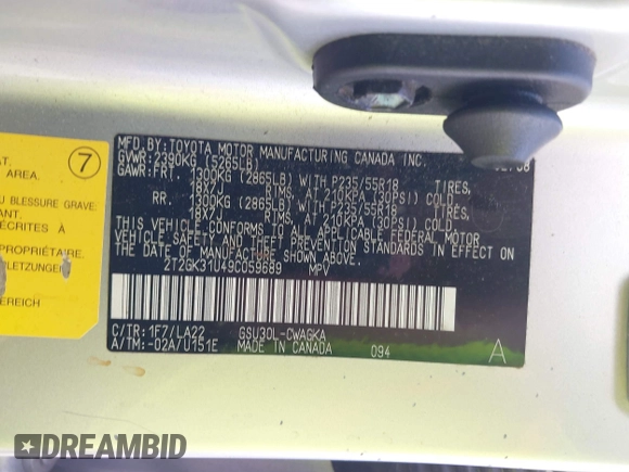 2009 Lexus RX 350 with VIN 2T2GK31U49C059689, listed as a IAAI auction lot 41780484 with 129,301 mi miles and . Bid and sale history available at DreamBid. Image 9.
