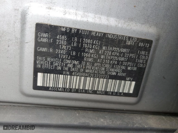 2014 Subaru Outback 2.5i with VIN 4S4BRBAC2E3232233, listed as a Copart auction lot 52830545 with 203,359 mi miles and Clean Title. Bid and sale history available at carsss.com. Image 13.