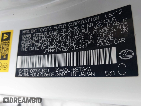 2013 Lexus ES 250 с VIN JTHBK1GG3D2014947, выставлен на аукционе IAAI как лот 42255725 с пробегом 101 370 миль миль и . История ставок и продаж доступна на DreamBid. Изображение 9.