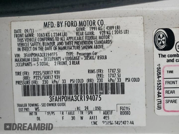 2012 Ford Fusion SE z VIN 3FAHP0HA3CR194075, wystawiony jako Copart lot #63380895 z przebiegiem 176 634 mil mil oraz Szkoda całkowita • Salvage title. Historia ofert i sprzedaży dostępna na DreamBid. Obrazek 12.