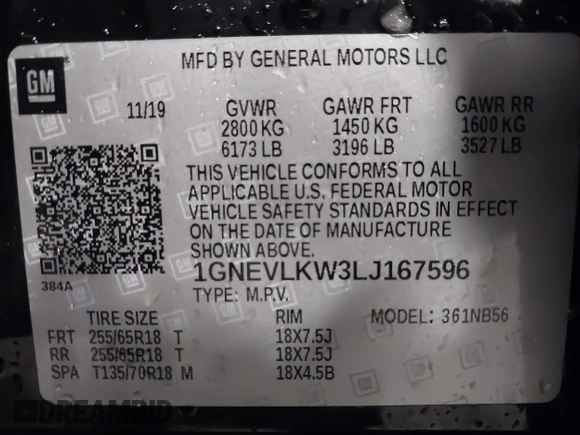 2020 Chevrolet Traverse LS with VIN 1GNEVLKW3LJ167596, listed as a IAAI auction lot 40993610 with 119,667 mi miles. Bid and sale history available at carsss.com. Image 9.