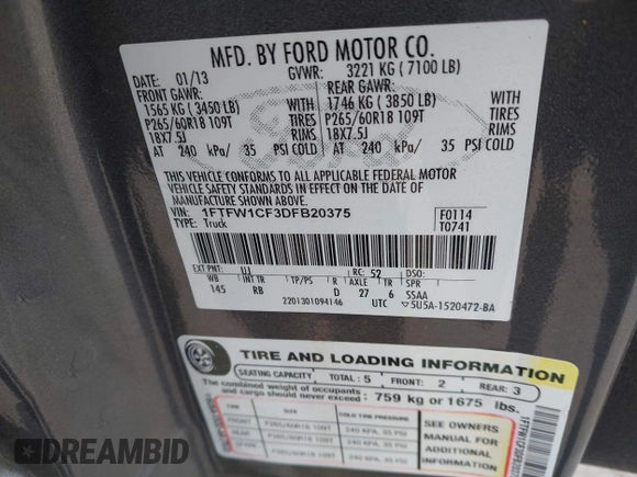 2013 Ford F-150 XL with VIN 1FTFW1CF3DFB20375, listed as a IAAI auction lot 41618480 with 130,192 mi miles and . Bid and sale history available at DreamBid. Image 9.