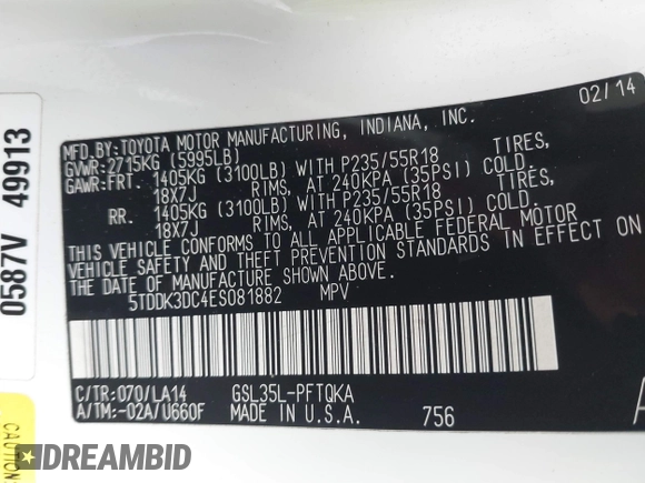 2014 Toyota Sienna Limited with VIN 5TDDK3DC4ES081882, listed as a IAAI auction lot 42270167 with 58,723 mi miles and . Bid and sale history available at DreamBid. Image 9.