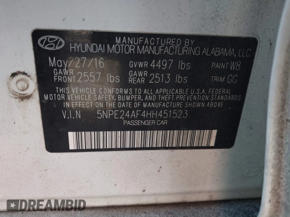 2017 Hyundai Sonata 2.4L with VIN 5NPE24AF4HH451523, listed as a IAAI auction lot 41621196 with 120,703 mi miles. Bid and sale history available at carsss.com. Image 9.