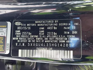 2017 Kia Optima EX with VIN 5XXGU4L35HG142807, listed as a IAAI auction lot 41856251 with 104,634 mi miles and . Bid and sale history available at carsss.com. Image 9.
