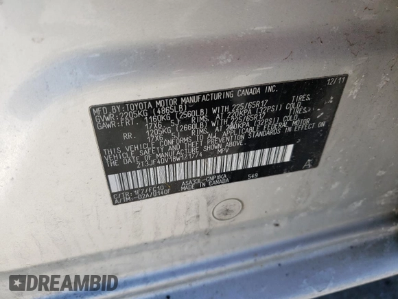 2011 Toyota RAV4 with VIN 2T3JF4DV1BW171774, listed as a Copart auction lot 46311735 with 187,008 mi miles and Non Repairable. Bid and sale history available at DreamBid. Image 13.