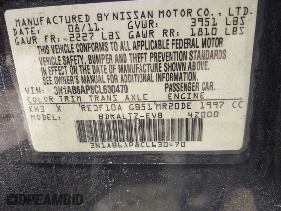 2012 Nissan Sentra SR with VIN 3N1AB6AP8CL630470, listed as a IAAI auction lot 42318374 with 137,219 mi miles and . Bid and sale history available at DreamBid. Image 9.