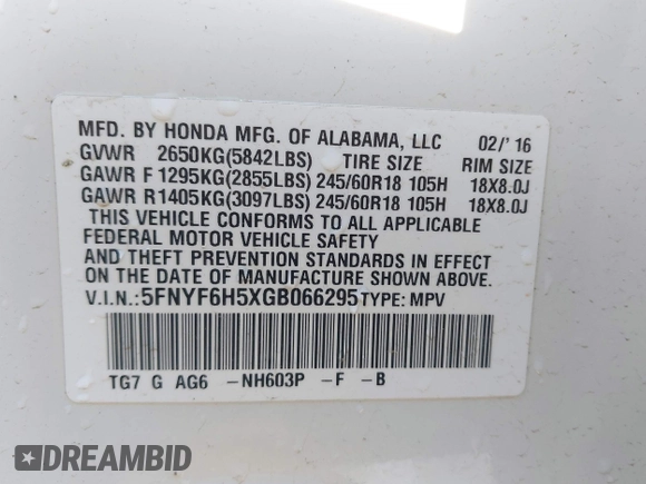 2016 Honda Pilot EX-L with VIN 5FNYF6H5XGB066295, listed as a IAAI auction lot 42063630 with 156,734 mi miles. Bid and sale history available at carsss.com. Image 9.