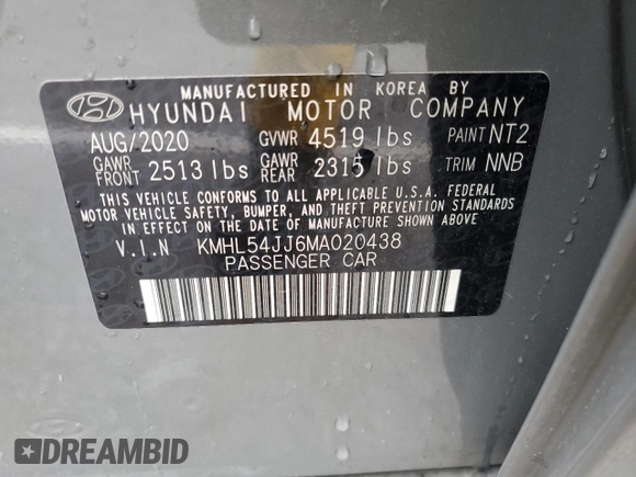 2021 Hyundai Sonata Hybrid Limited with VIN KMHL54JJ6MA020438, listed as a Copart auction lot 43614463 with 34,002 mi miles. Bid and sale history available at carsss.com. Image 14.