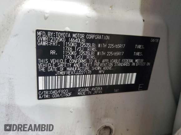 2018 Toyota RAV4 LE with VIN JTMBFREV7JJ227178, listed as a Copart auction lot 63841575 with Not provided miles and Salvage title. Bid and sale history available at DreamBid. Image 14.