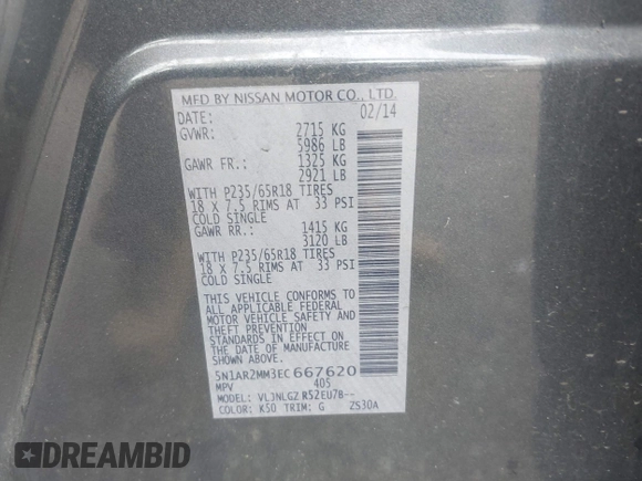 2014 Nissan Pathfinder S with VIN 5N1AR2MM3EC667620, listed as a IAAI auction lot 42654851 with 109,305 mi miles and . Bid and sale history available at DreamBid. Image 9.