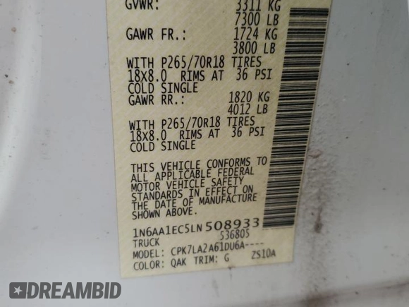 2020 Nissan Titan S with VIN 1N6AA1EC5LN508933, listed as a Copart auction lot 80214944 with Not provided miles and Clean title. Bid and sale history available at DreamBid. Image 12.