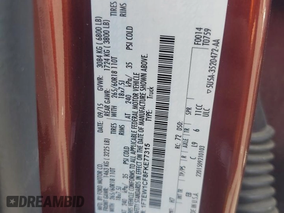 2015 Ford F-150 XL with VIN 1FTEW1CF8FKE77315, listed as a Copart auction lot 57329055 with 138,552 mi miles and Salvage title. Bid and sale history available at DreamBid. Image 12.
